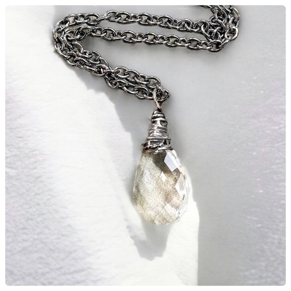 HANDCRAFTED Soldered Clear Crystal Tear Drop Pendant on Gunmetal Chain - Picture 2 of 10